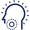 Stylized profile icon of human head with gear symbol representing dental services and innovation.
