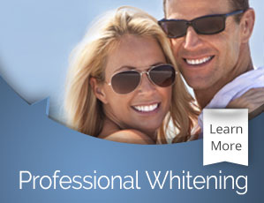 Smiling couple wearing sunglasses outdoors with "Professional Whitening" text and Learn More button.