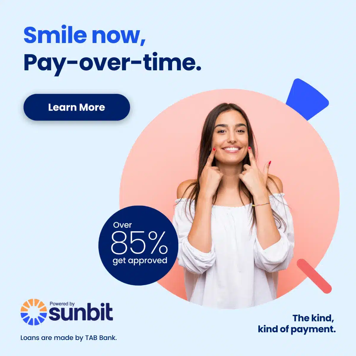Woman smiling in dental office promoting payment plan offer with 85% approval rate.