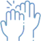 Three hands raised together in a supportive gesture, symbolizing teamwork and community care.